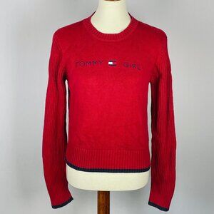 Vtg 90s Hilfiger Tommy Girl Spellout Crewneck Sweater Sz L Red Preppy Nautical